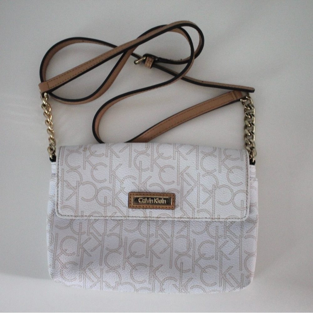 Calvin Klein Leather White Monogram Crossbody Purse